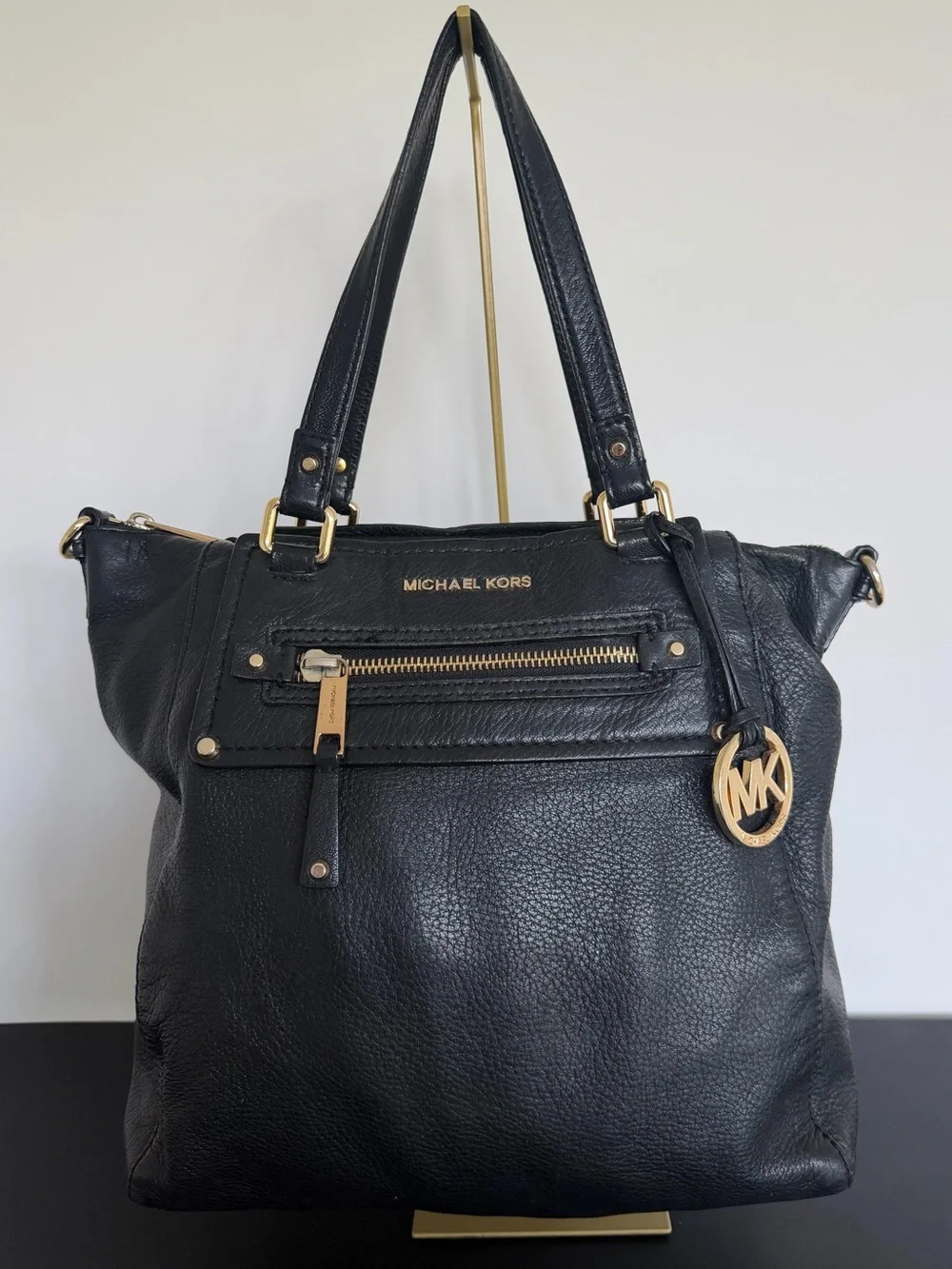 Michael Kors Black Pebbled Leather Tote Handbag Gold MK Medallion